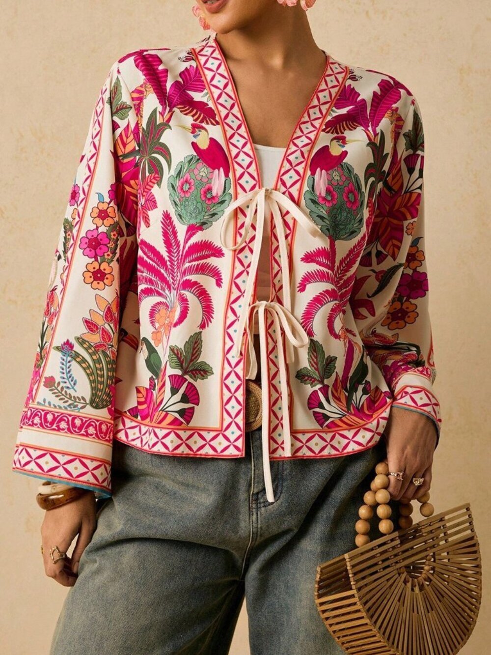Hot Pink Boho Women's Print Tie Front Casual Plus Size Blouse